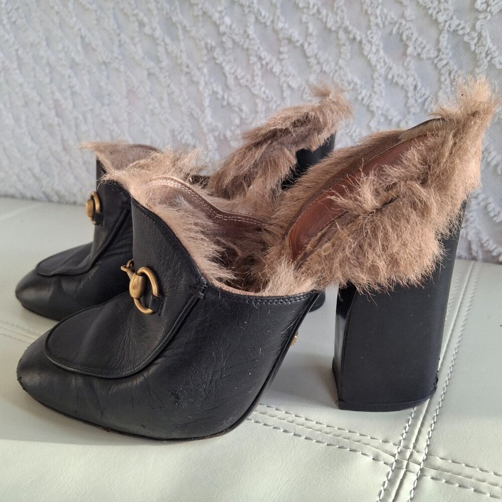 GUCCI Princetown Fur Horsebit Mule Heels Clogs
